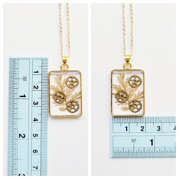 Beige and Gold Pendant Necklace Handmade Pressed Dried Leaves and Steampunk Gear - Picture 7 of 10